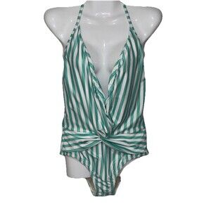 Kenny Flowers Plunged Neck Women’s L One Piece Striped Swimsuit Halter NWOTS